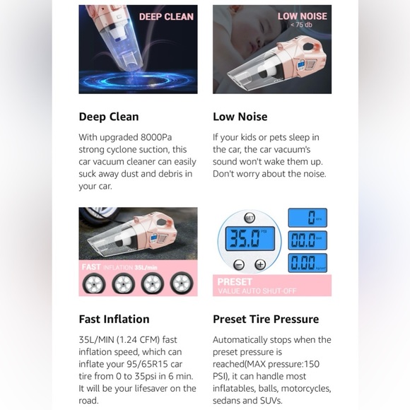VARSK 4-in-1 Car Vacuum Cleaner /Portable Tire Inflator PINK 🌸 - Picture 11 of 14